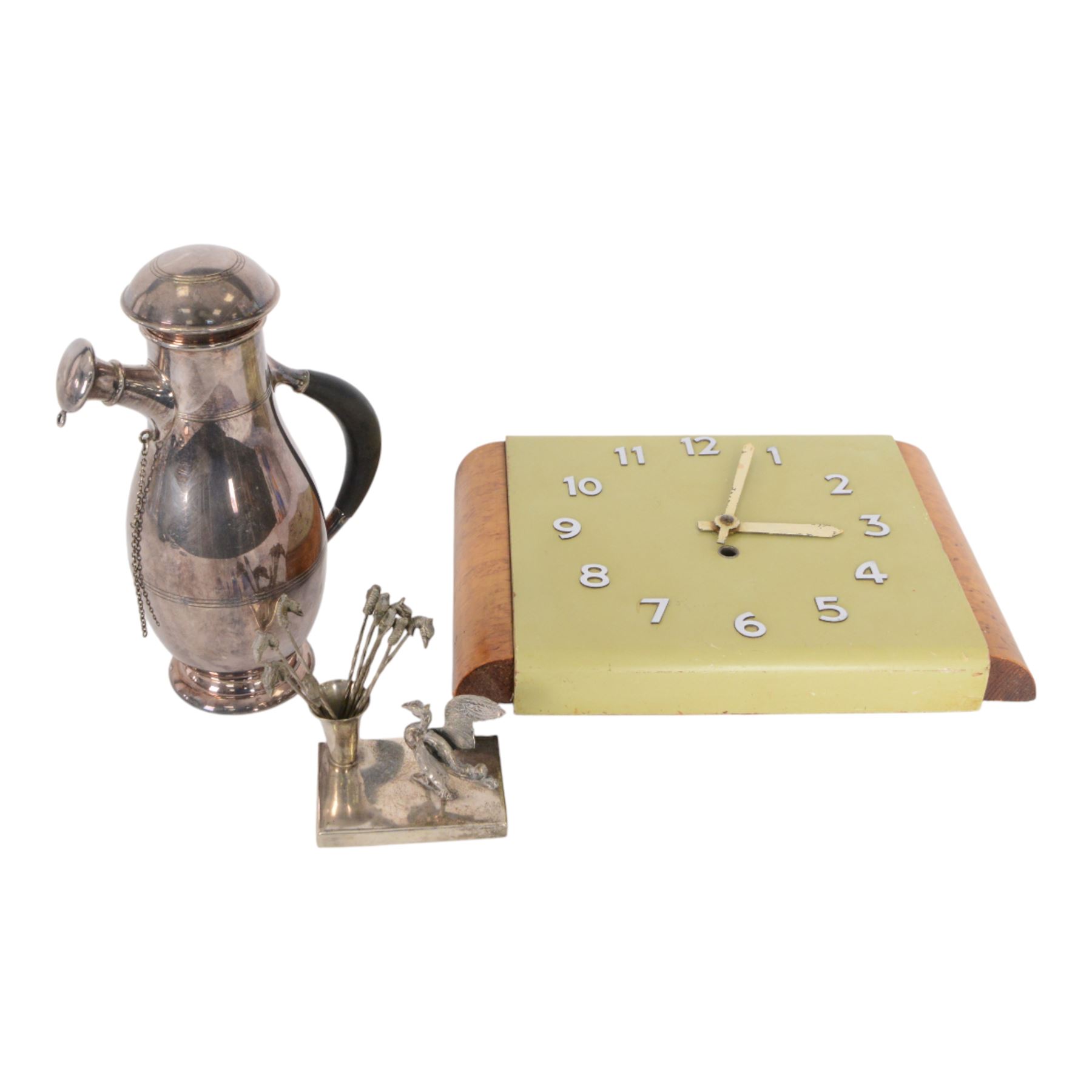 EPNS cocktail shaker with pourer, set of peacock cocktail sticks in matching stand and an Art Deco wall clock