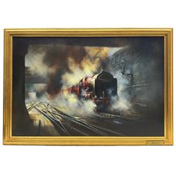 David Weston (British 1935-2011): London Midland & Scottish Railway 'Royal Scot' leaving Euston Station, oil on canvas signed and dated 1979, 48cm x 74cm