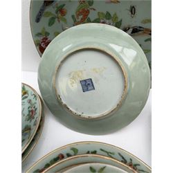 Thirteen 19th/ early 20th century Chinese famille rose celadon plates, each painted with insects, birds and foliage, various sizes, largest D25cm, smallest D15cm (13)