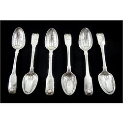 Set of six George IV provincial silver teaspoons, Fiddle pattern with cast scallop shell terminals by Edward Jackson, York 1821, approx 5.4oz