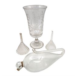 Collection of glassware, comprising etched glass celery vase, water barometer, and two wine funnels 