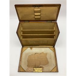Wooden table stationery box, with drop down front and fitted interior, with metal shield plaque to the hinged lid, H18cm