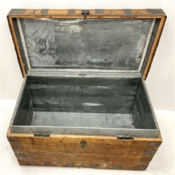 Early 20th century pine travelling chest single hinged lid