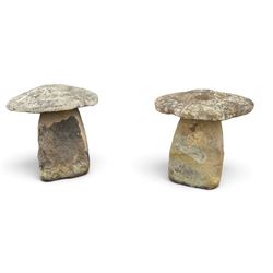Pair of 19th century weathered hewn sandstone two-piece staddle stones, domed circular top over a tapering base