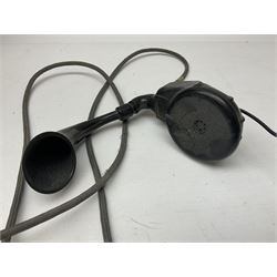 Early-mid 20th century internal telephone system, comprising exchange box with attached TMC rotary telephone and dictograph with Bakelite handset and support upon stained wood case, and 1960s black Bakelite telephone model 312L with G.P.O sticker beneath, largest H30.5cm W36.5cm D30cm