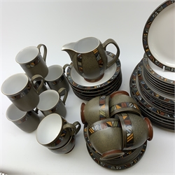 A Denby Marrakesh pattern dinner service, comprising six dinner plates, six dessert plates, seven side plates, two serving dishes, six bowls. six tea cups, six saucers, six coffee mugs, milk jug and saucer.
