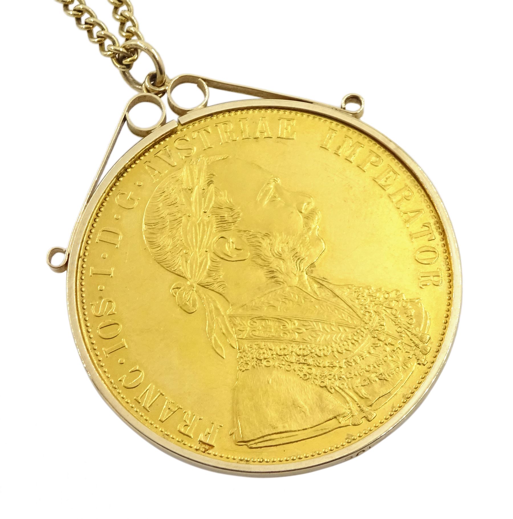 Austrian 1915 restrike four ducat gold coin, in 9ct gold loose mount, on 9ct gold chain, gross weight approximately 25.3 grams