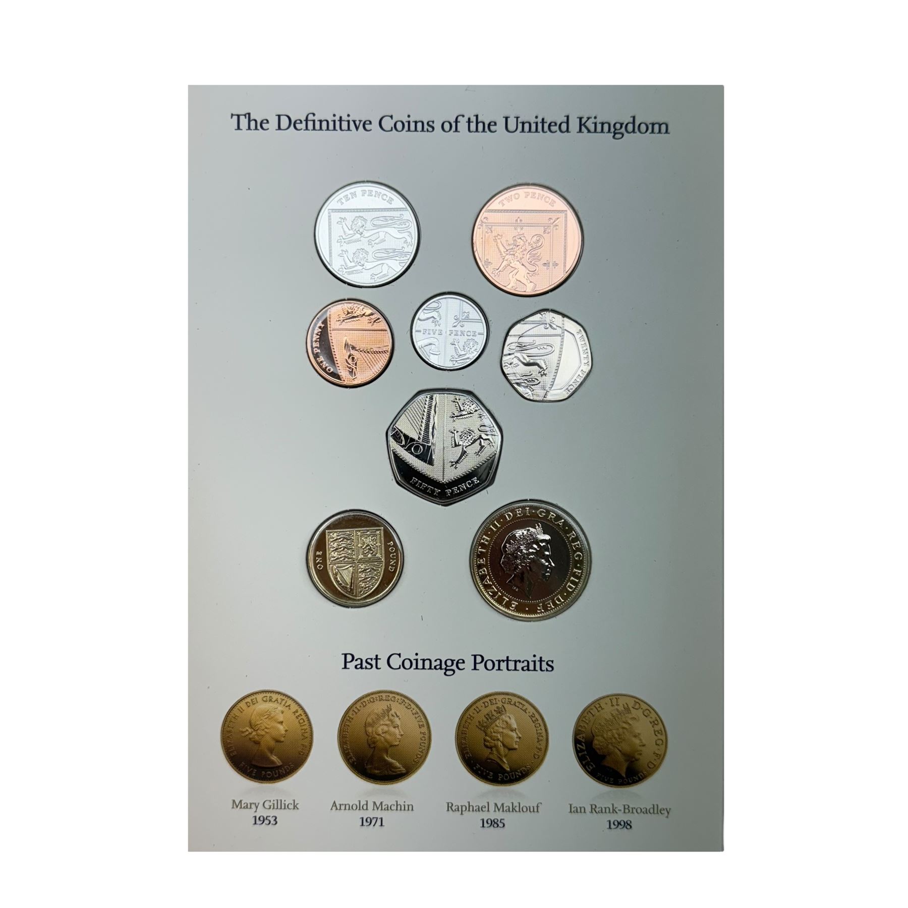 Six The Royal Mint United Kingdom uncirculated coins or sets, comprising  2008 'Queen Elizabeth I' five pounds, 2010 twelve coins, 2012 'Definitive' eight coins, 2013 'Definitive' eight coins, 2014 'Definitive' eight coins and 2015 'The Fourth Circulating Coinage Portrait Final Edition' eight coins, all in card folders