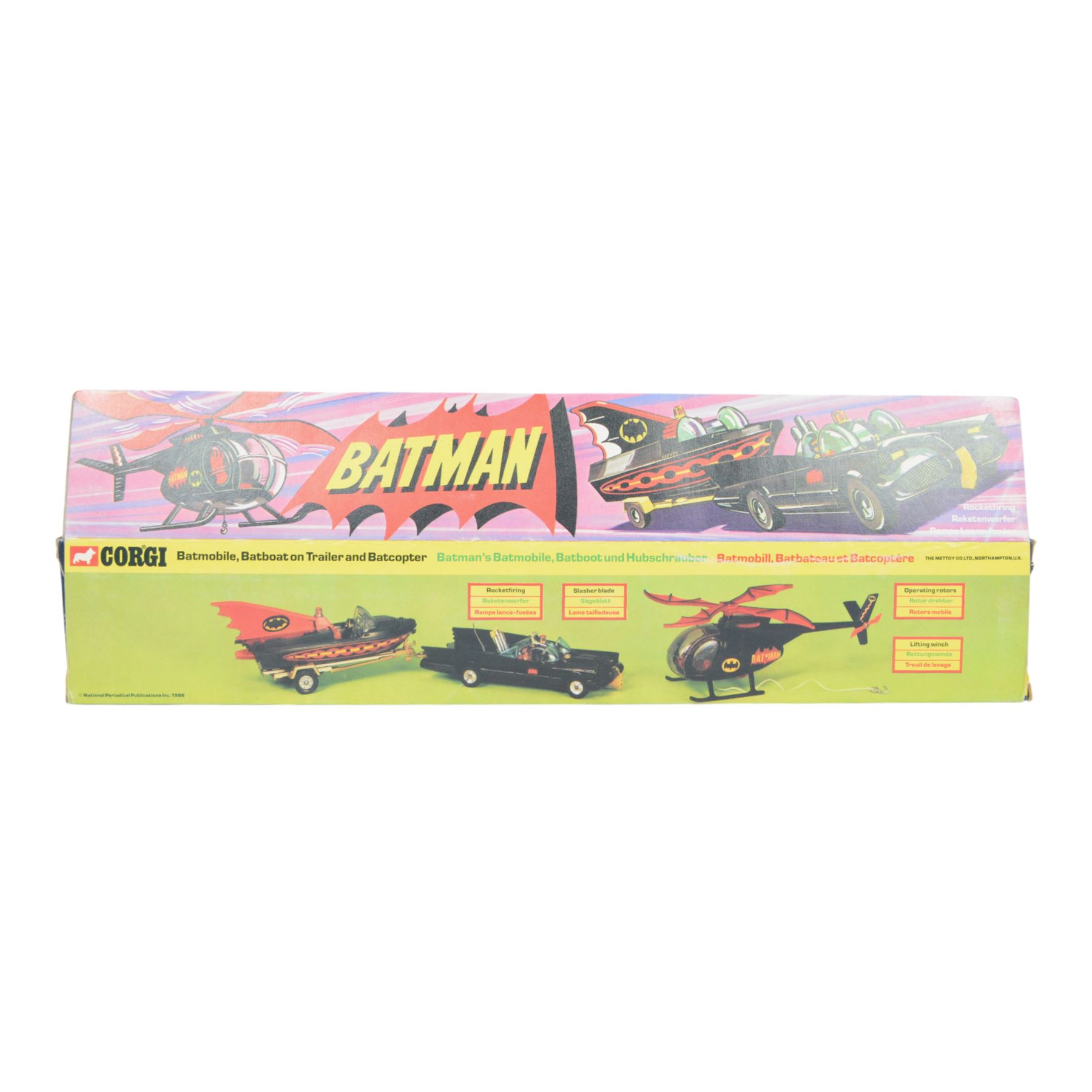 Corgi Batman Gift Set no. 40, comprising Batmobile, Batcopter, Batboat on trailer and twelve yellow plastic missiles on sprue, in original window box with pictorial header card and polystyrene interior, with outer cardboard protector