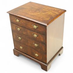 Small 19th century figured walnut chest of drawers, rectangular top with moulded edge over four graduating drawers with brass batwing handles, raised on bracket feet