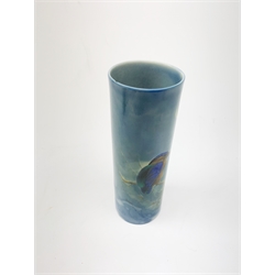 Royal Doulton Titanian Ware vase, painted by Harry Allen, of cylindrical form decorated with a Kingfisher perched upon a branch beneath a crescent moon, signed H. Allen, with printed mark beneath and painted mark 'Kingfisher 2846', H21cm