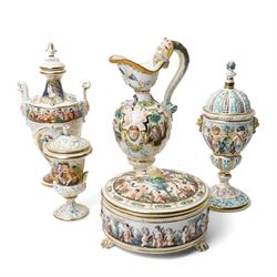 Capodimonte vase and cover decorated with a raised pattern of cherubic figures H32cm, anot...