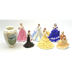 A group of six Coalport figurines comprising of Forever Yours, Afternoon Stroll with certificate, Summer Breeze, Special Occasion, Rendevous, Abigail, all in boxes, and a limited edition Davenport Pottery Heroes Of The Sky vase, A0837 with accompanying certificate and box. 