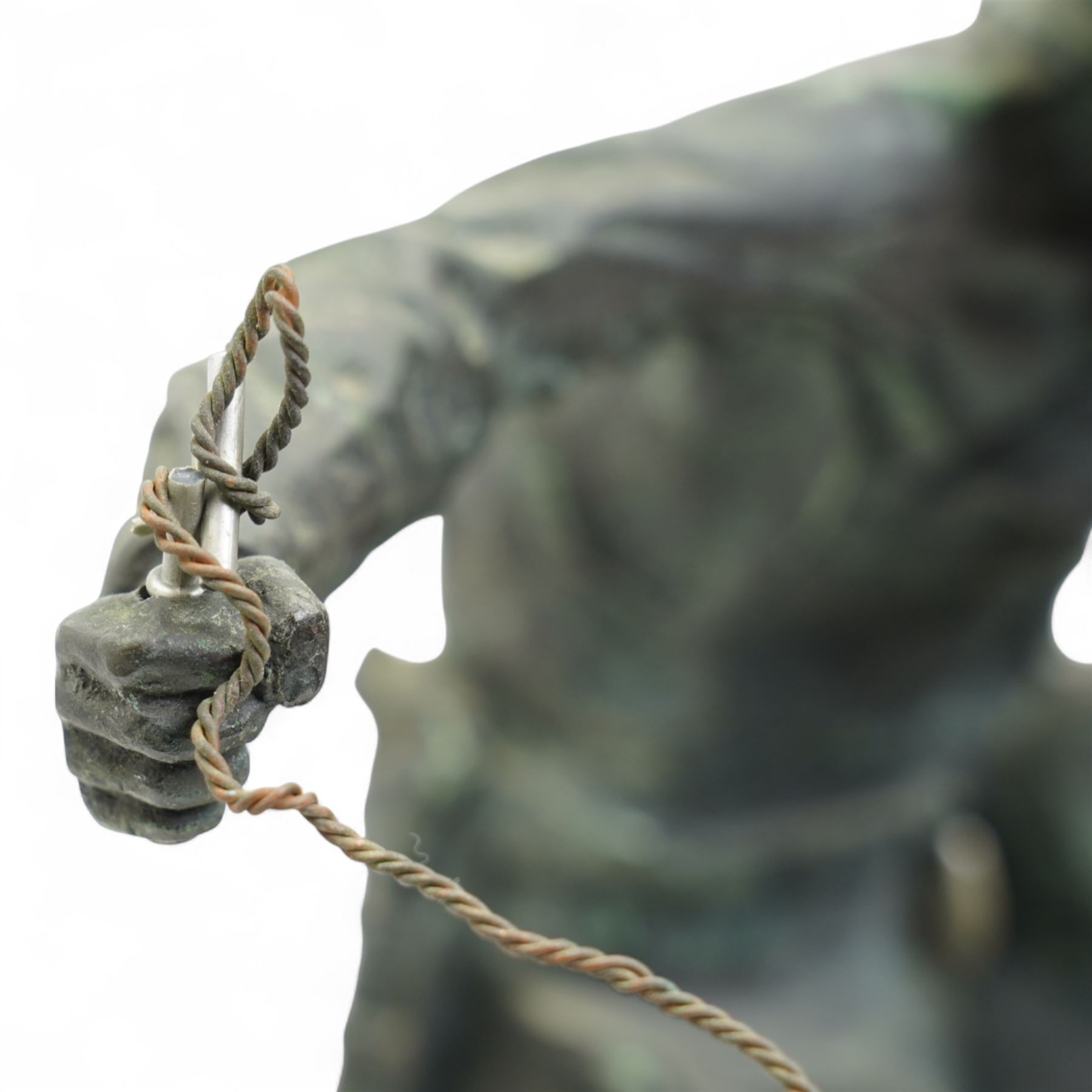 After Frederick Remington (American 1861-1909): 'Bronco Buster', limited edition bronze bearing signature and numbered 7/100, with foundry or ranch mark to horses backside of a triangle within circle, on green marble base, H56cm