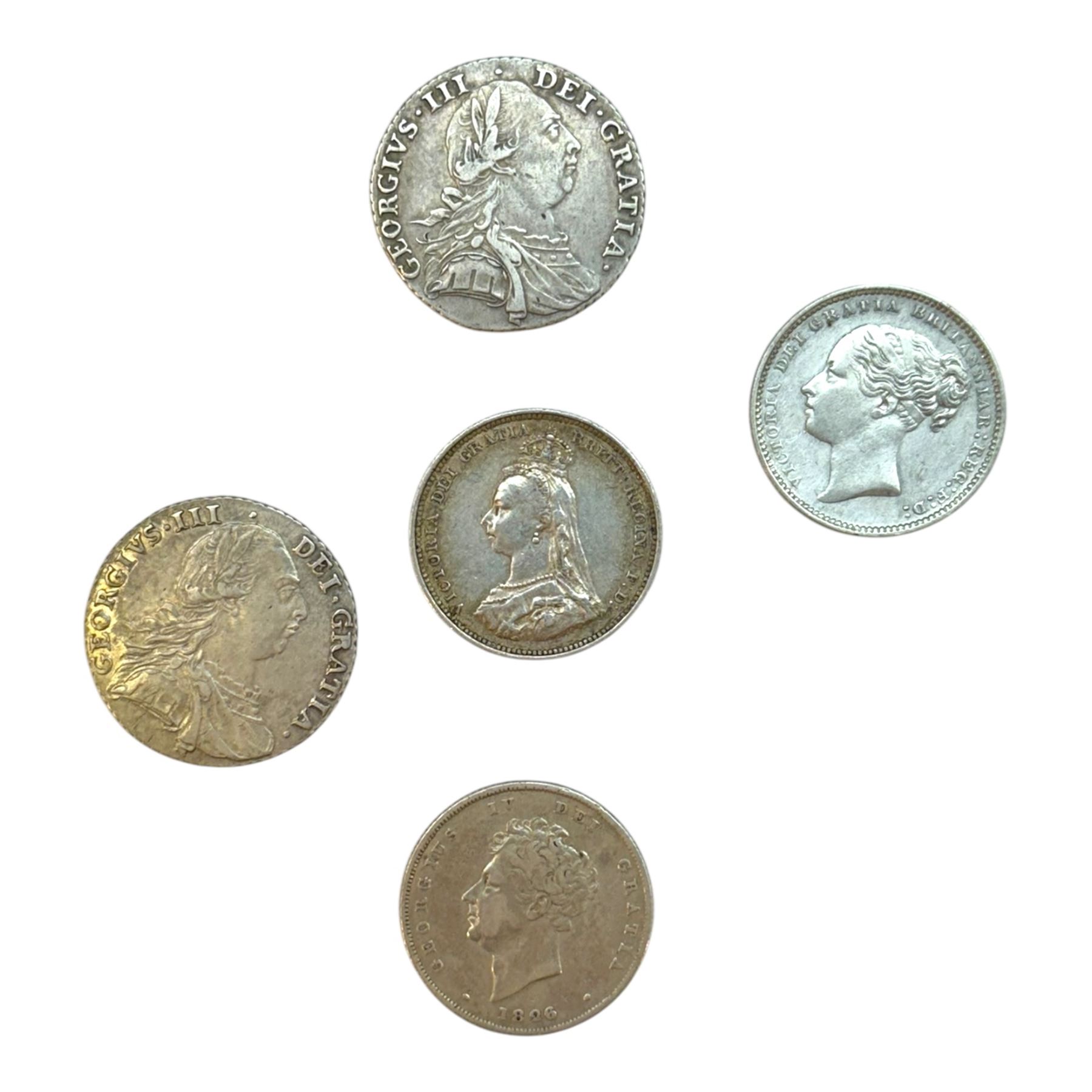 Five silver one shilling coins, comprising two George III 1787, George IV 1826, Queen Victoria 1883 and 1887