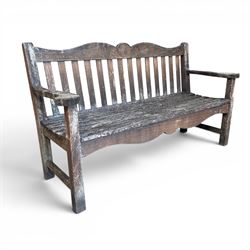 Teak garden bench, wavy shaped rail and slatted seat, with matching coffee table (2)
