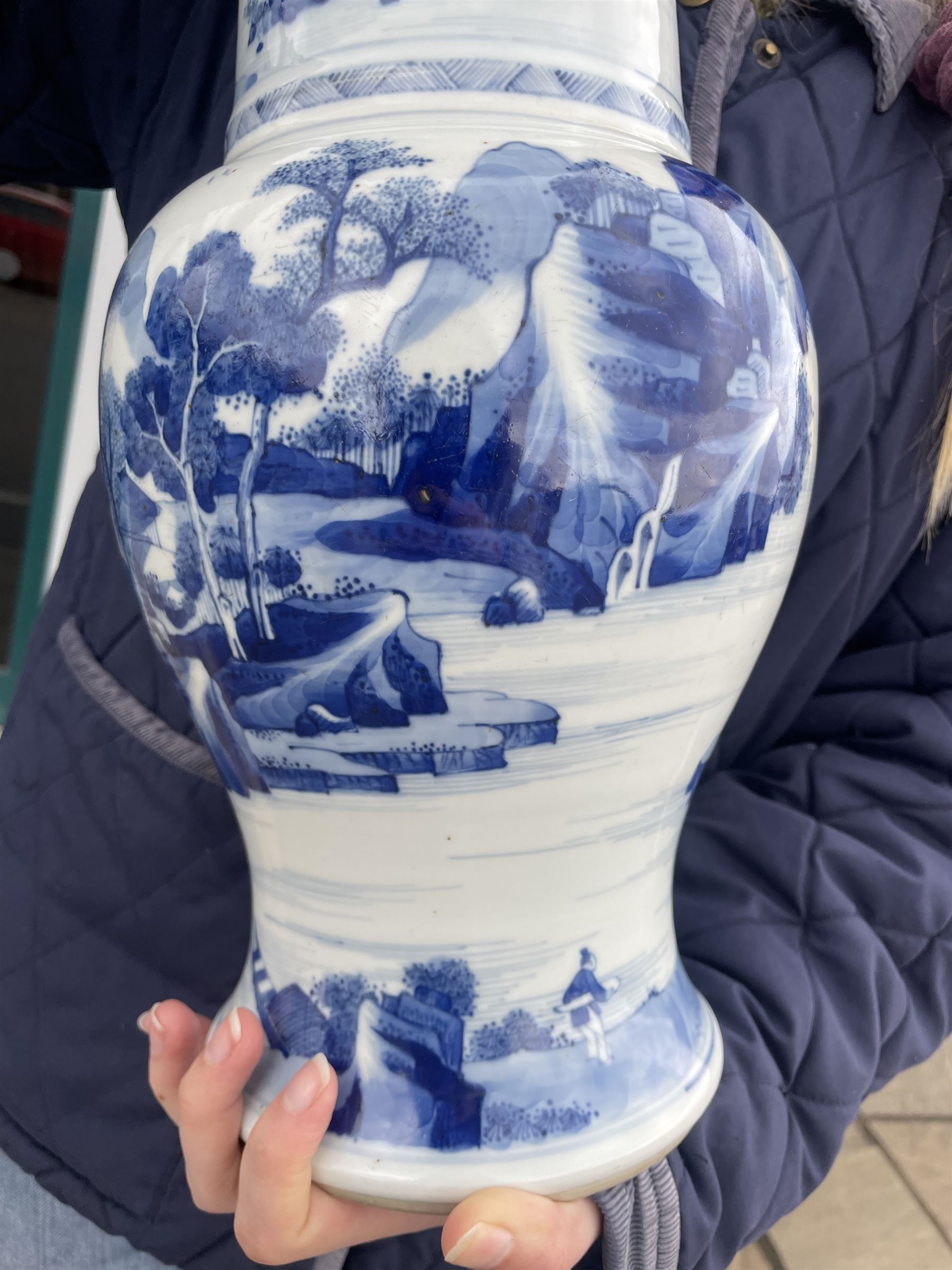Qing Dynasty Yen Yen blue and white vase in the Kangxi style decorated with a lake landscape surrounded by rocky cliffs, figures in a boat and on the shore H45cm 