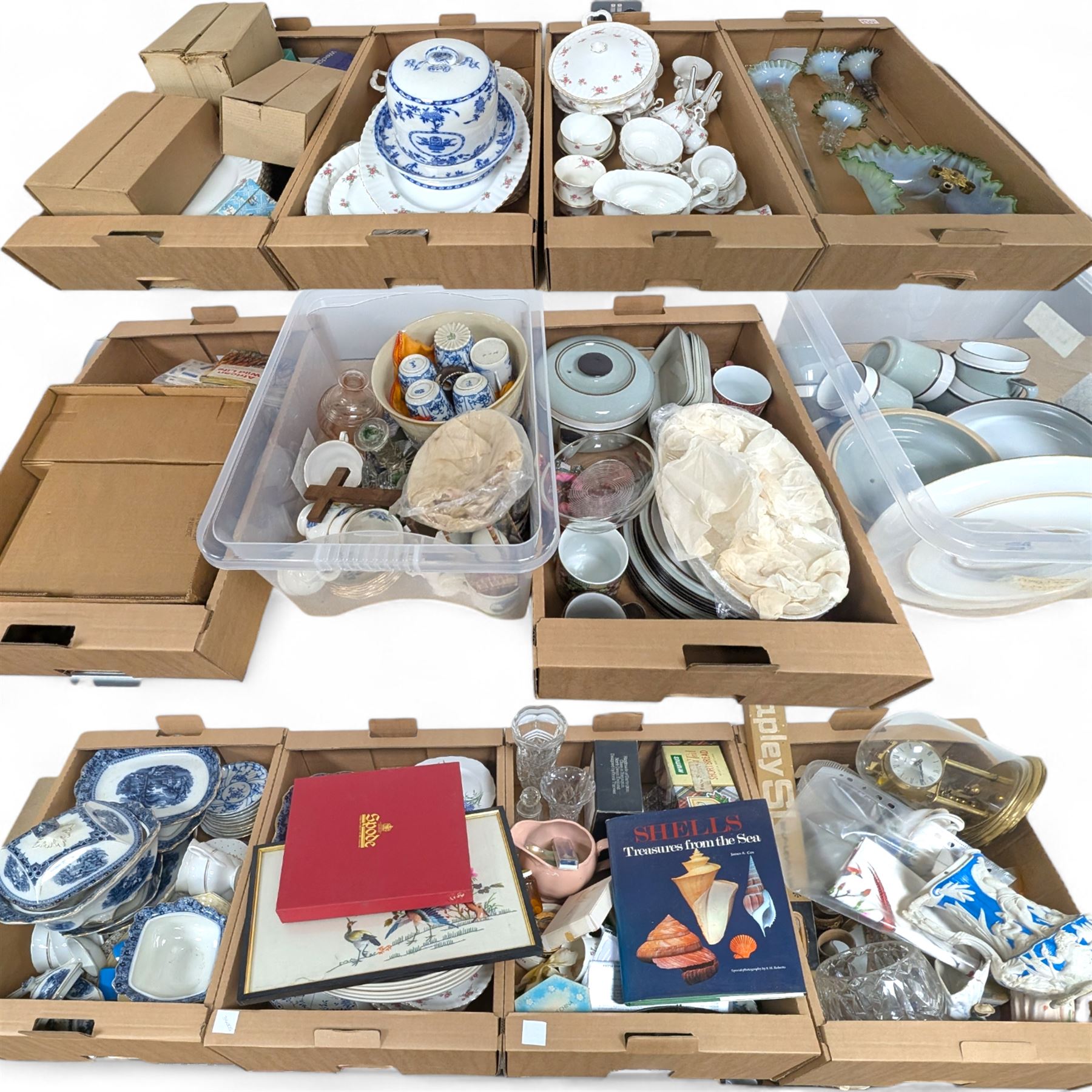 Large quantity of collectables, including Kunde clock, glassware, Danby, ceramics etc, in twelve boxes   