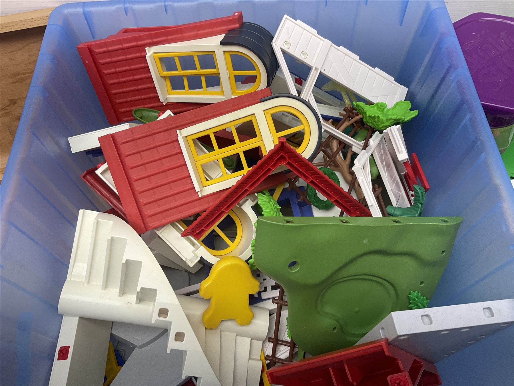 Quantity of loose Playmobil figures, playset parts and accessories, with small amount of Britains Ltd figures etc, in two boxes 