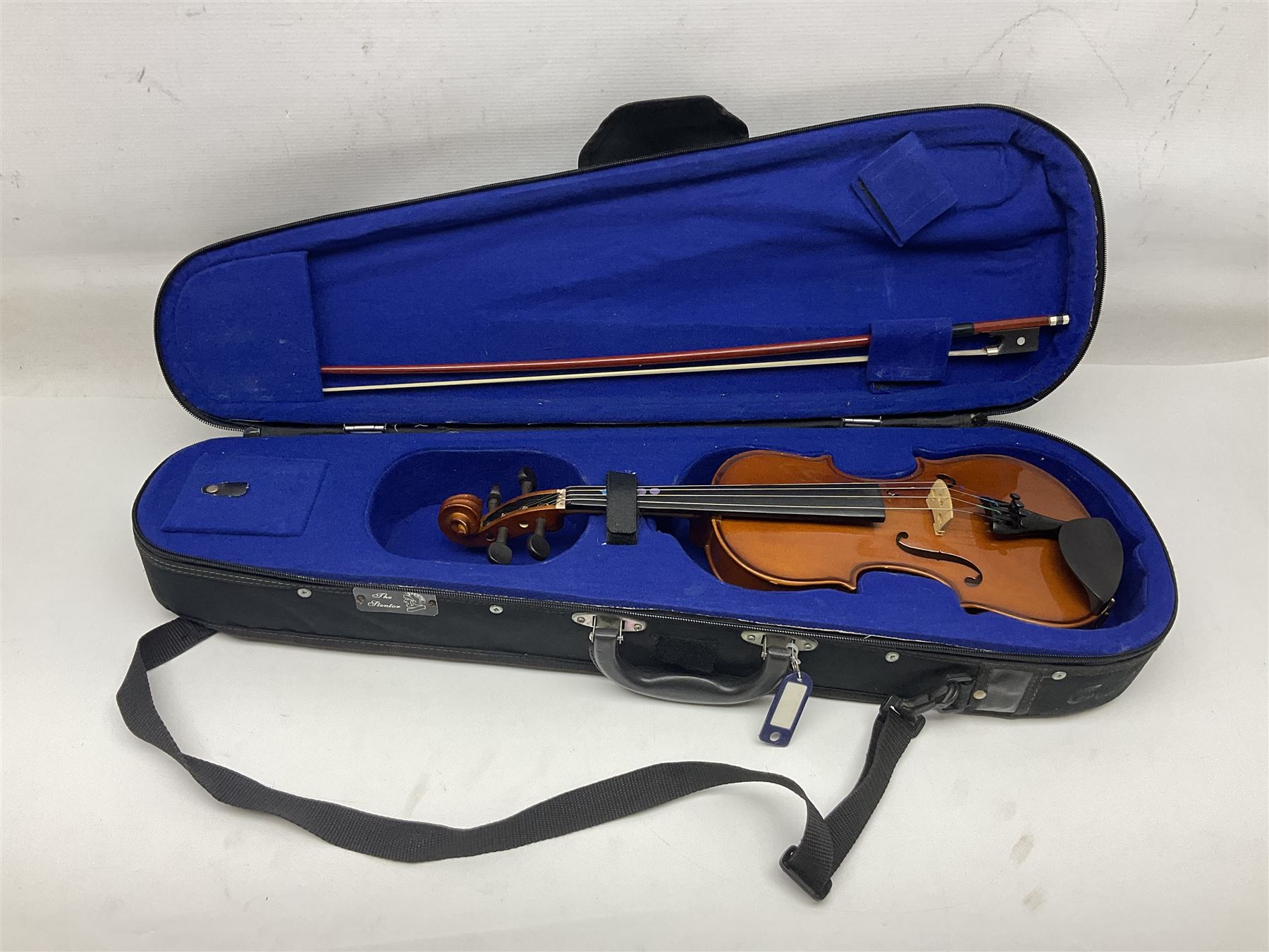 Three Stentor Student violins - three-quarter size with 33cm two-piece back; and two quarter size each with 28cm two-piece back; each in carrying case with bow (3)