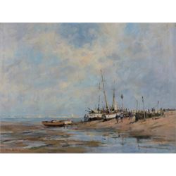 Gordon Radford (British 1936-2015): 'Figures and Beached Vessels on a Sandy Stretch', oil ...