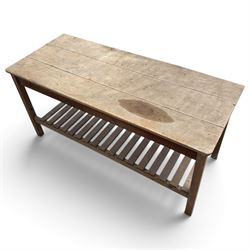 Large 19th century painted pitch pine scullery table, rectangular triple plank top fitted with single drawer, raised on square supports united by slatted under-tier