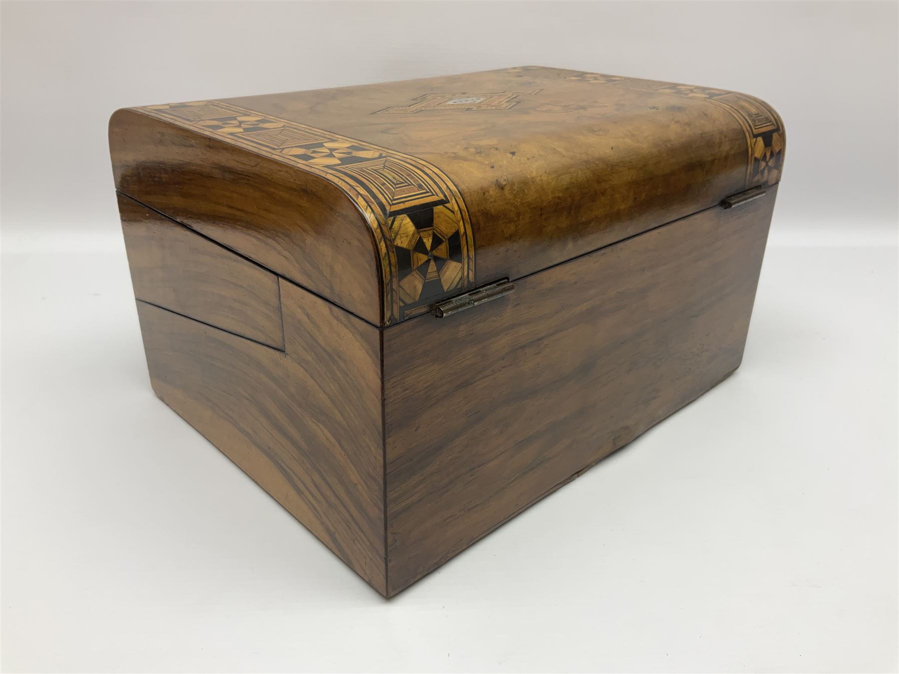 Victorian mahogany writing slope, the brass bound hinged cover opening to reveal tooled leather and gilt interior with two glass inkwells, together with a similar parquetry inlaid writing slope, with central mother of pearl inlay enrgraved 'Sarah', tallest H17cm 