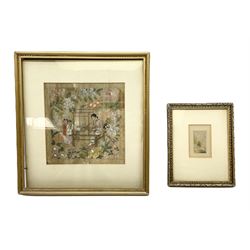 Chinese water colour on silk together with a Baxter matchbox watercolour, both in glazed gilt frames, largest H24cm incl frame