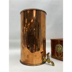 Victorian copper hot water urn, the body of plain cylindrical form with brass tap, the slightly domed lid with brass finial, together with a rectangular copper planter, with twin brass lion mask handles, urn H35cm
