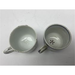 Two 18th century Chinese Yongzheng coffee cups, the first example decorated in polychrome enamel with rooster amidst blossoming peonies, the second decorated with deer and crane among rockwork and pine tree, together with two further 18th century Chinese coffee cups, an 18th century Chinese tea bowl, and a further tea bowl