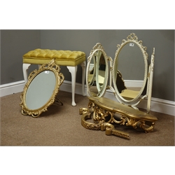  Triple dressing table mirror in cream and gilt finish, cast gilt metal easel dressing table mirror and a dressing table stool with buttoned seat  