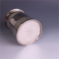 George III silver lidded tankard, with two ribbed bands to the cylindrical body, the hinged lid with concentric circle to cover and pierced thumbpiece, hallmarked Charles Fox I, London 1816, including thumb piece H16cm