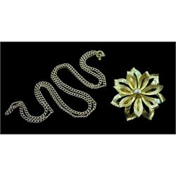 Gold flower design openwork brooch and a gold link necklace, both 9ct