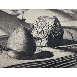 Frederick Austin (British 1902-1990): Haystack and Cottage in Hilly Landscape, etching signed and dated 1927 in pencil 11cm x 14cm