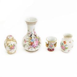 Limoges hand painted vase of baluster form with fluted rim, decorated with birds amongst flowering foliage, together with Camille Le Tallect twin handle vase and two others 