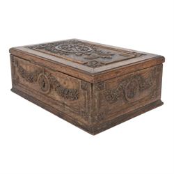 Small late 19th century carved oak bible box, of rectangular form with hinged cover, the t...