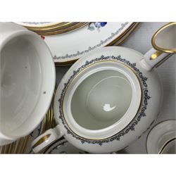 Aynsley Pembroke pattern tea and dinner service for eight, comprising eight dinner plates, two lidded tureens, ten teacups, eight saucers and tea plates, eight side plates, two cake plates, teapot, lidded sucrier, jug, sauce boat and oval serving plate