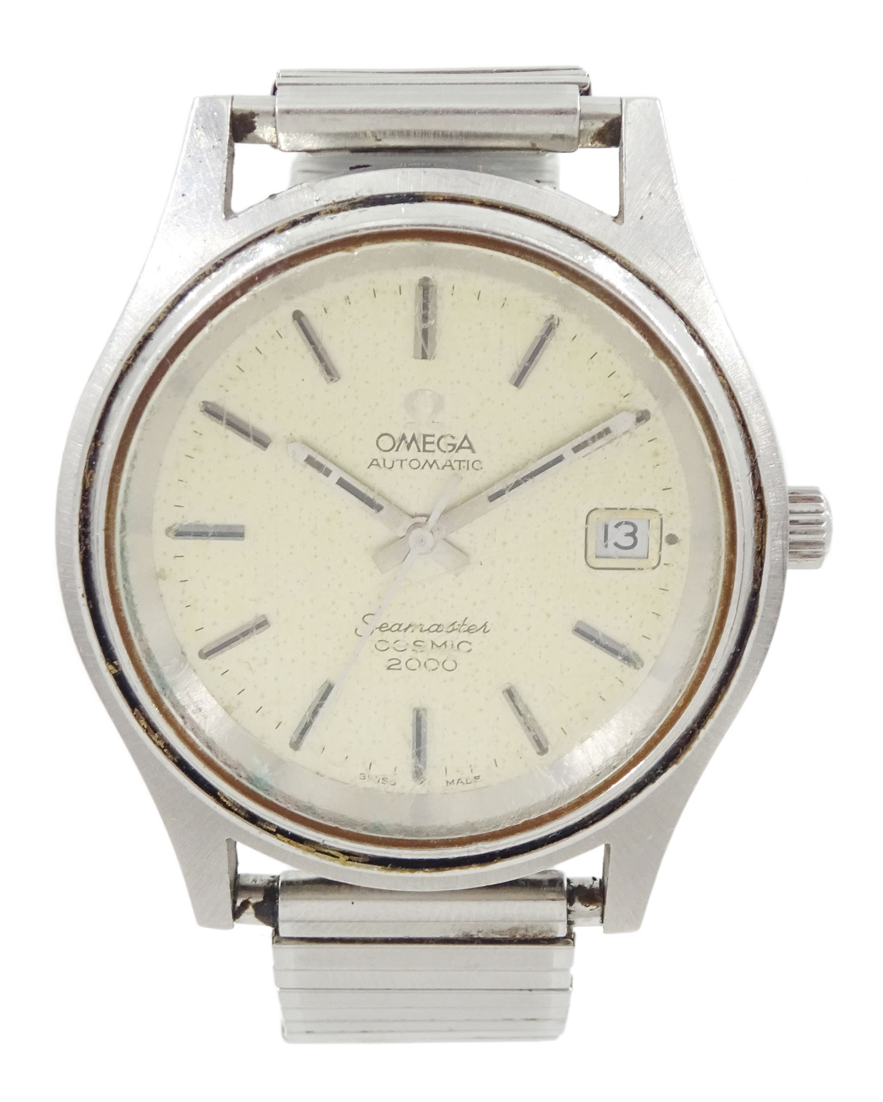 Omega  Seamaster Cosmic 2000 automatic wristwatch, silvered dial with baton hour markers and date aperture, on expanding stainless steel strap