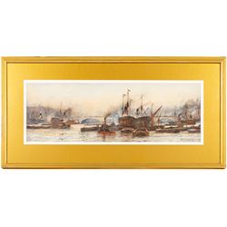Frederick William Scarborough (British 1860-1939): Shipping on the Thames at London Bridge, watercolour signed 17.5cm x 52.5cm