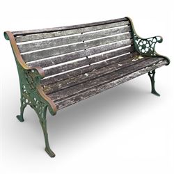 Green cast iron ended wood slat bench