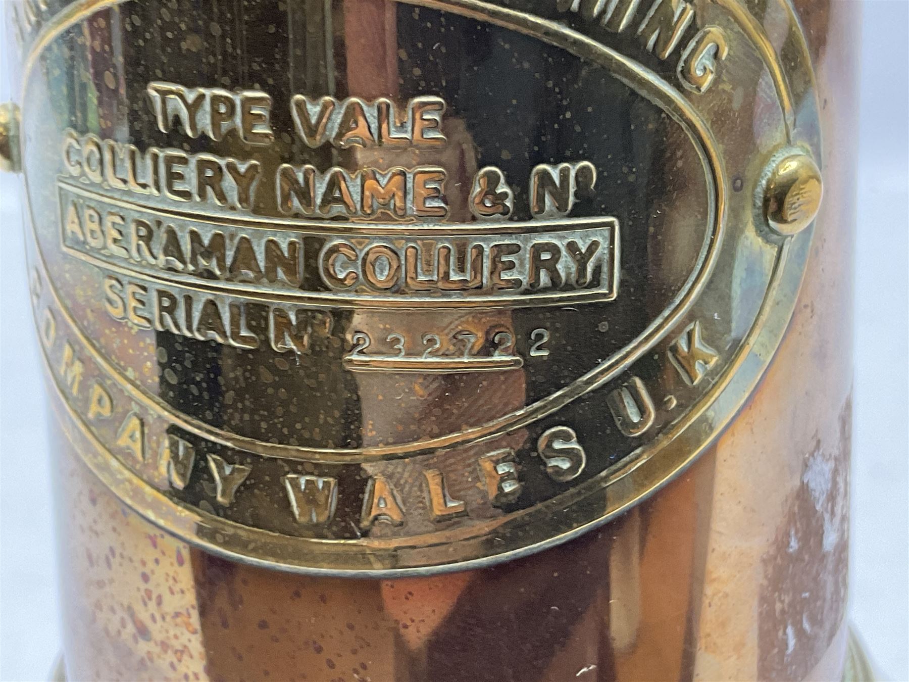 Copper and brass miners lamp by British Coal Company Wales UK for Aberaman Colliery Serial No. 232722, H22cm excl handle