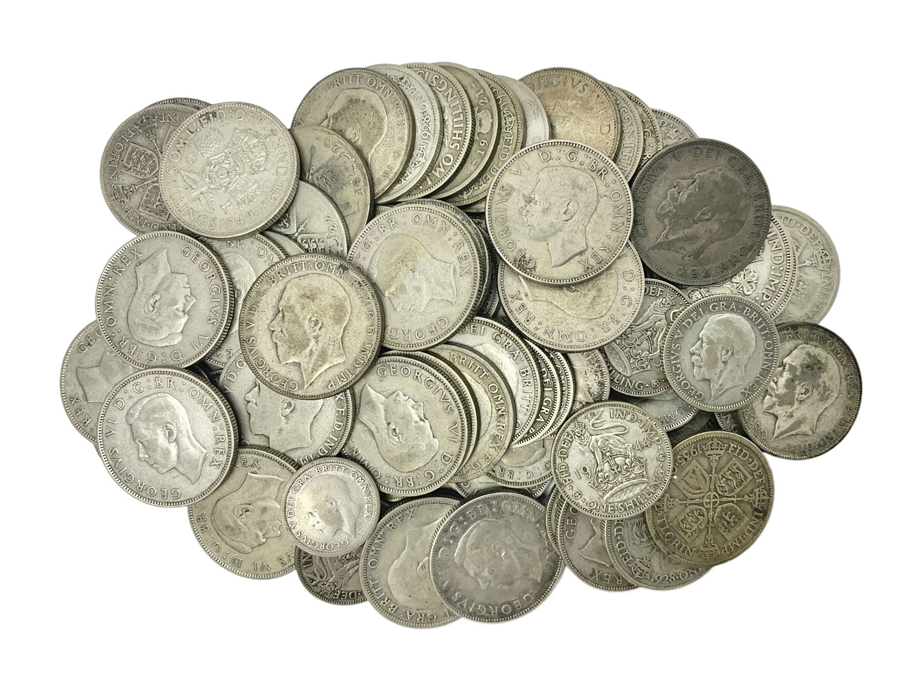 Approximately 710 grams of Great British pre 1947 silver coins, including one florins, one shillings and sixpence pieces 