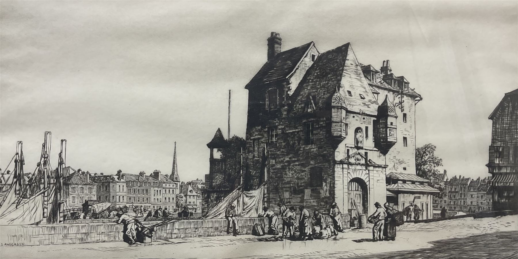 Stanley Anderson CBE RA RE (British 1884-1966): La Lieutenance - Honfleur France, drypoint etching signed in pencil 20cm x 38cm