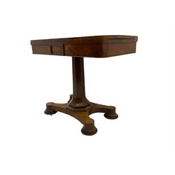 Victorian highly figured mahogany card table, fold over top, pedestal base