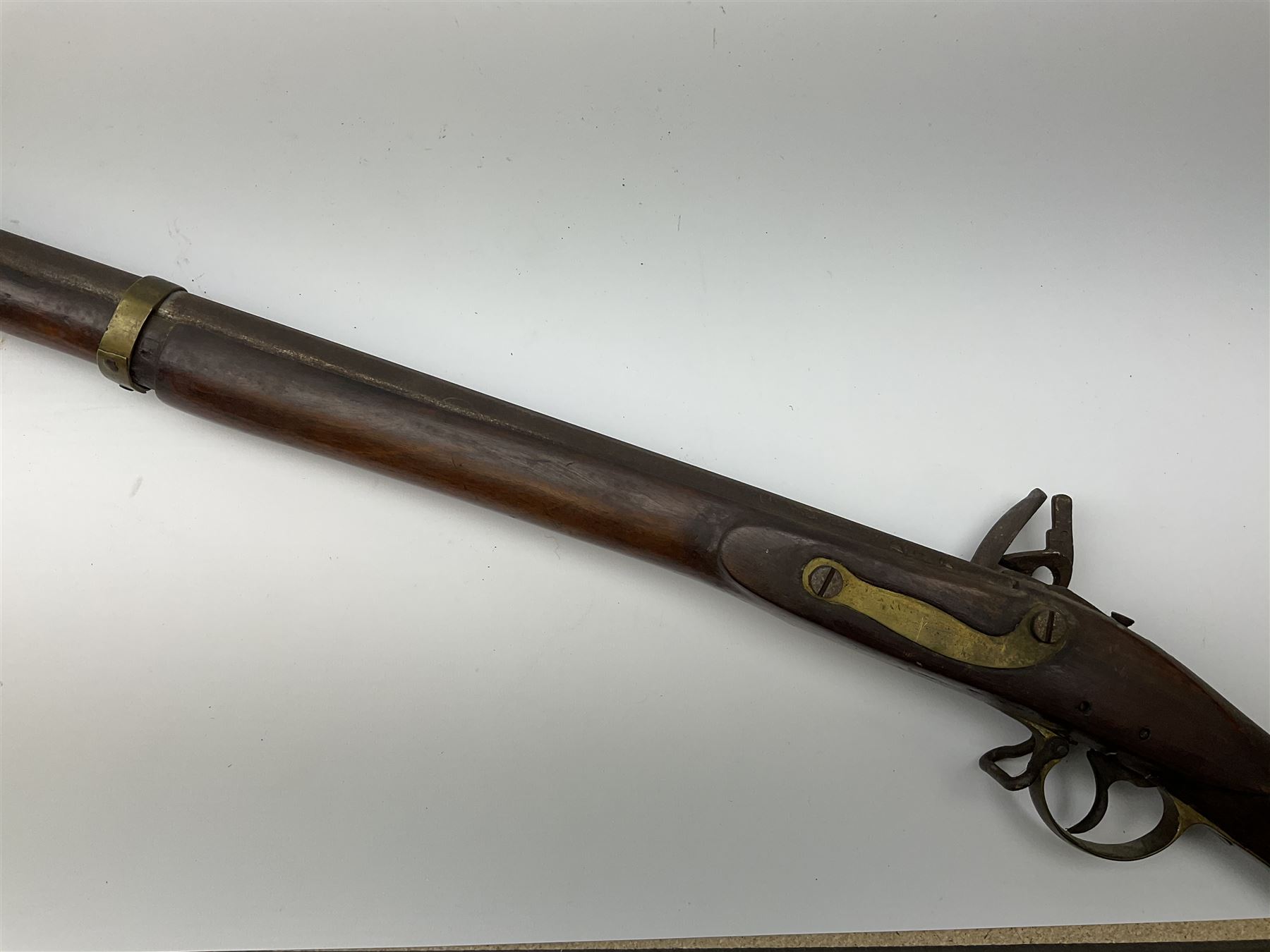 19th century continental flintlock musket for restoration or display, the studded walnut full stock with brass mounts, lock stamped with bumble bee logo possibly for Dresse-Laloux & Cie Liege, under barrel ramrod and one sling swivel, proof marks visible, L166.5cm