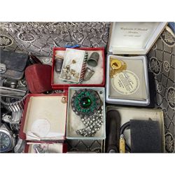 Victorian and later jewellery including silver thimble, rolled gold pendants, earrings and brooches and a collection of wristwatches including Sekonda, The Westminster Collection Historic Timepieces Spitfire pocket watch etc