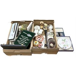 Old Tupton Ware floral decorated mantle clock, Wade Festival jug, Winsor tea wares and other ceramics, together with a collection of silver plate including blue glass lined salts, cutlery sets etc, two boxes 