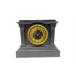 A 19th century Belgium slate mantle clock with a recessed flat top above a break arch pediment supported by two reeded columns with Corinthian capitals on a deep moulded stepped plinth, with a French 8-day movement, striking the hours and half-hours on a coiled gong, recoil escapement and rack strike, black slate dial with a gilt chapter ring and Roman numerals, brass hands (minute hand broken)with a Brocot pendulum adjustment arbor and strike/silent arbor, dial and movement backplate engraved 