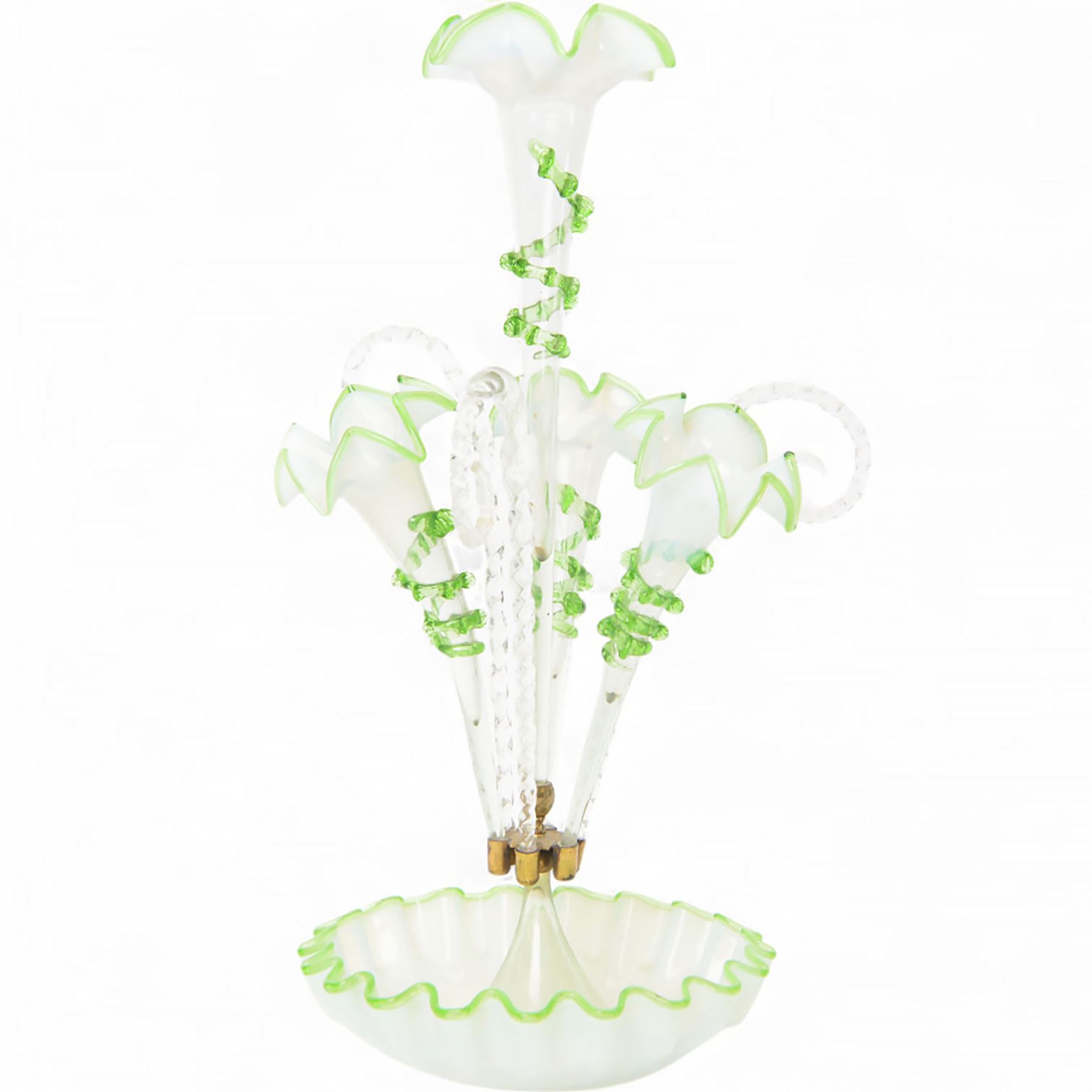 Victorian vaseline glass three basket epergne, H55cm