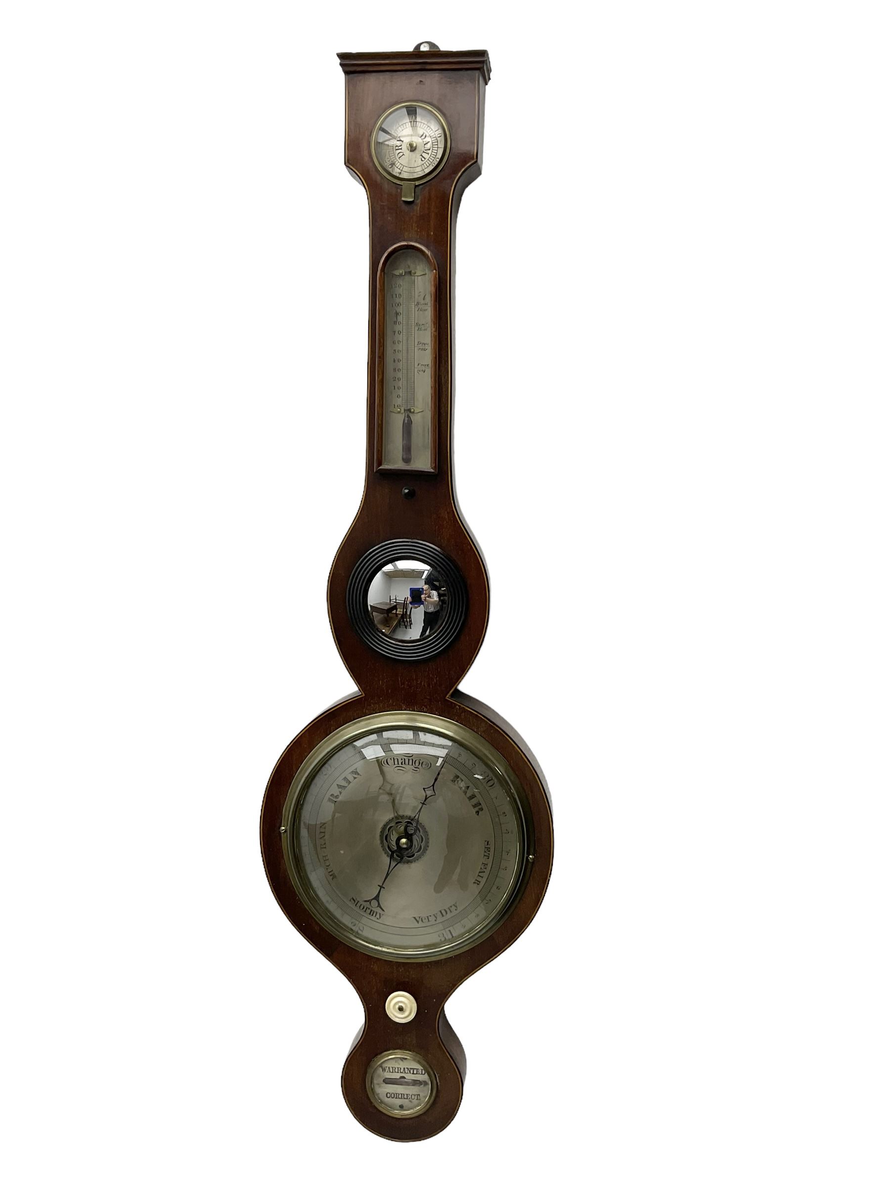 19th century  - mahogany five glass wheel barometer, with an 8” silvered dial and cast brass bezel, flat topped pediment and round base, with hydrometer, spirit thermometer, butlers mirror and level bubble, syphon tube and counterweights intact, mercury present.